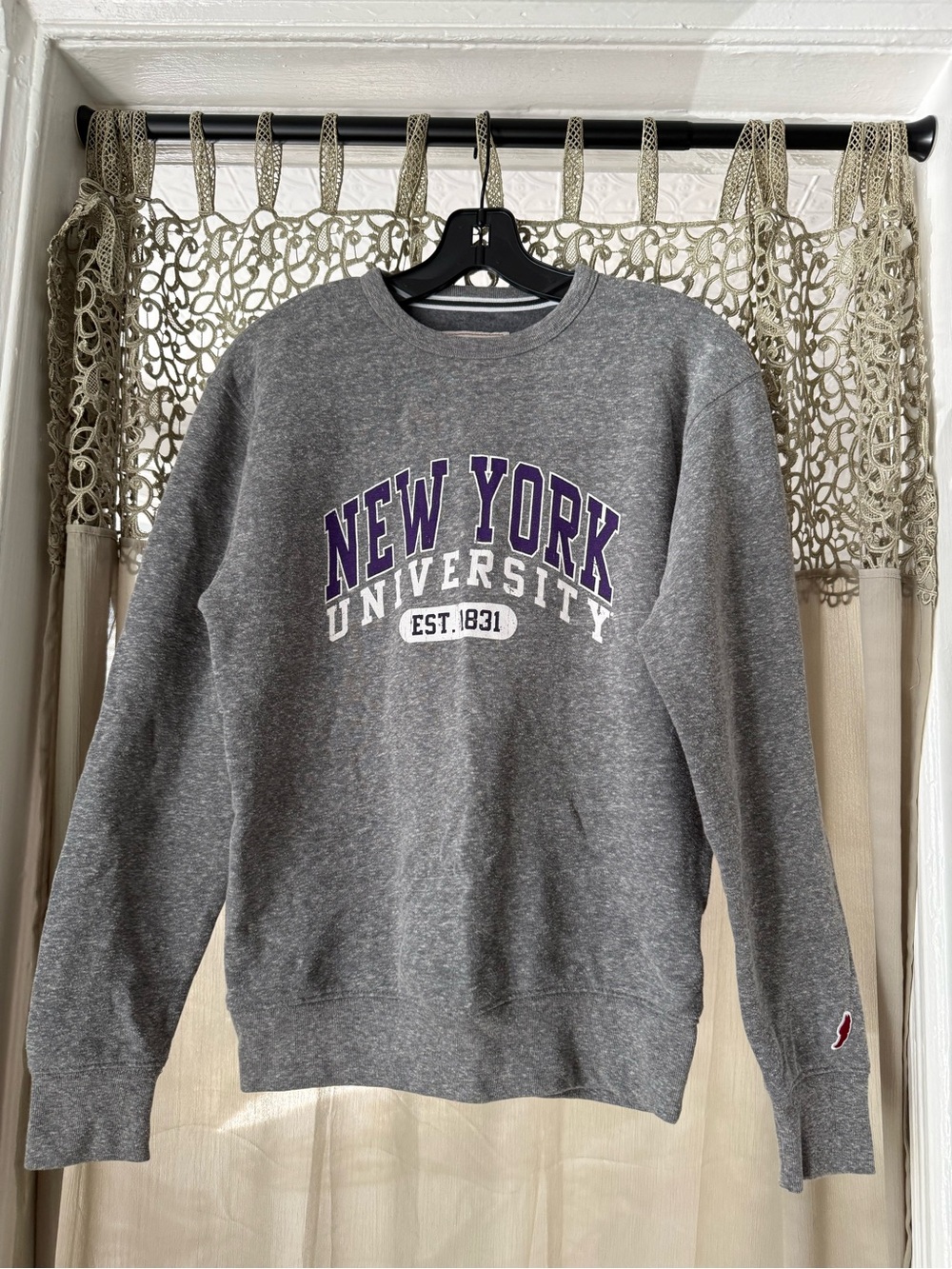 League Gray Crewneck Sweatshirt with Purple and White NY University Logo